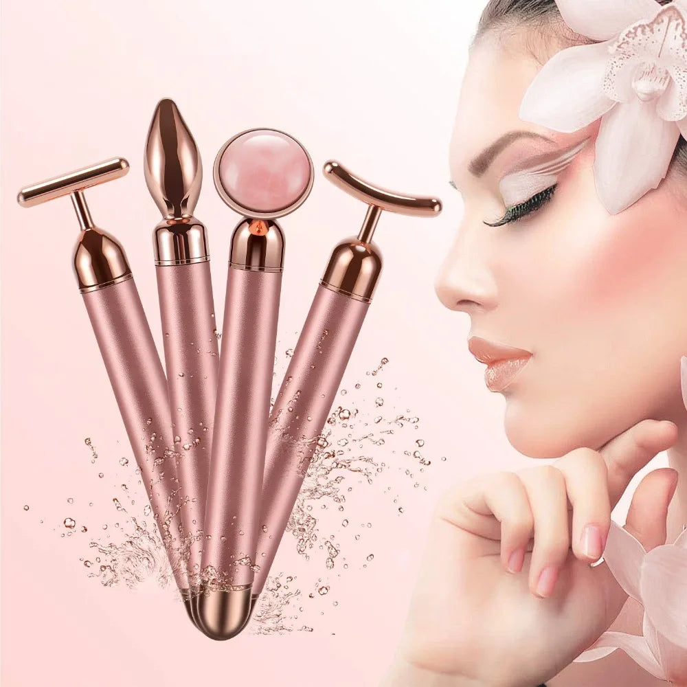4 in 1 Vibrating Rose Quartz Roller Face Roller Eye Massager Jade Roller T/V Shaped Face Lifting Slimming Beauty Care Massager