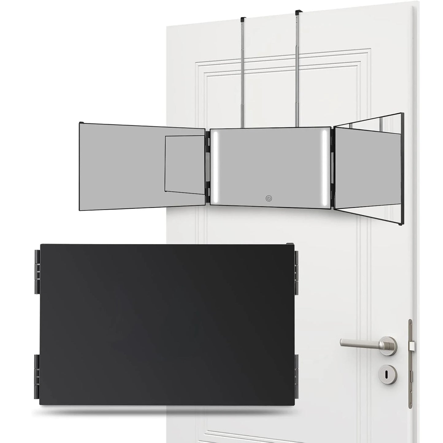 LED Lights 3 Way Mirror for Self Hair Cutting Rechargeable 360° Mirror with Self Haircut Mirror with Height Adjustable Hooks