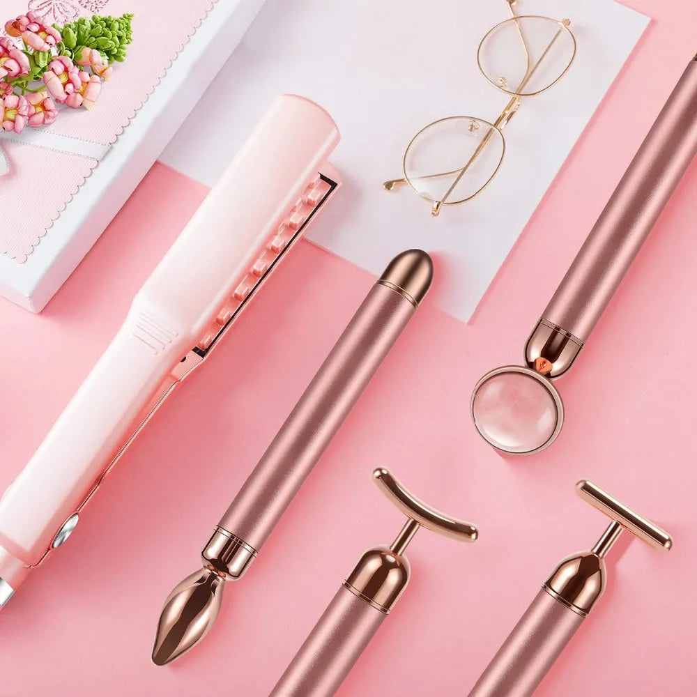 4 in 1 Vibrating Rose Quartz Roller Face Roller Eye Massager Jade Roller T/V Shaped Face Lifting Slimming Beauty Care Massager