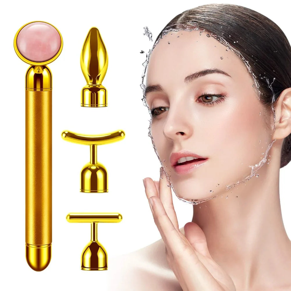 4 in 1 Vibrating Rose Quartz Roller Face Roller Eye Massager Jade Roller T/V Shaped Face Lifting Slimming Beauty Care Massager