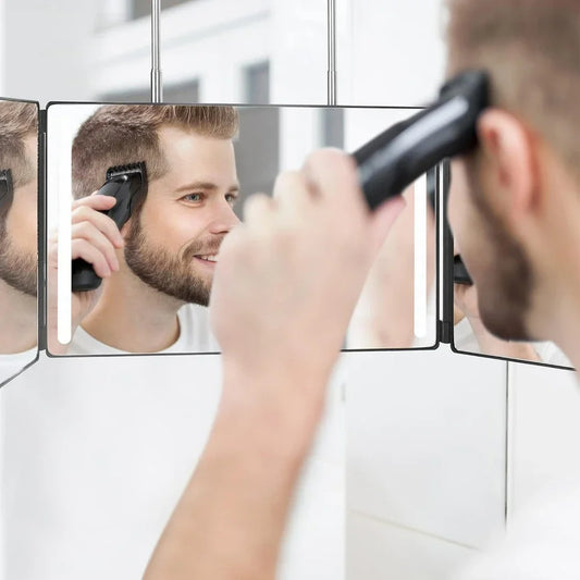 LED Lights 3 Way Mirror for Self Hair Cutting Rechargeable 360° Mirror with Self Haircut Mirror with Height Adjustable Hooks