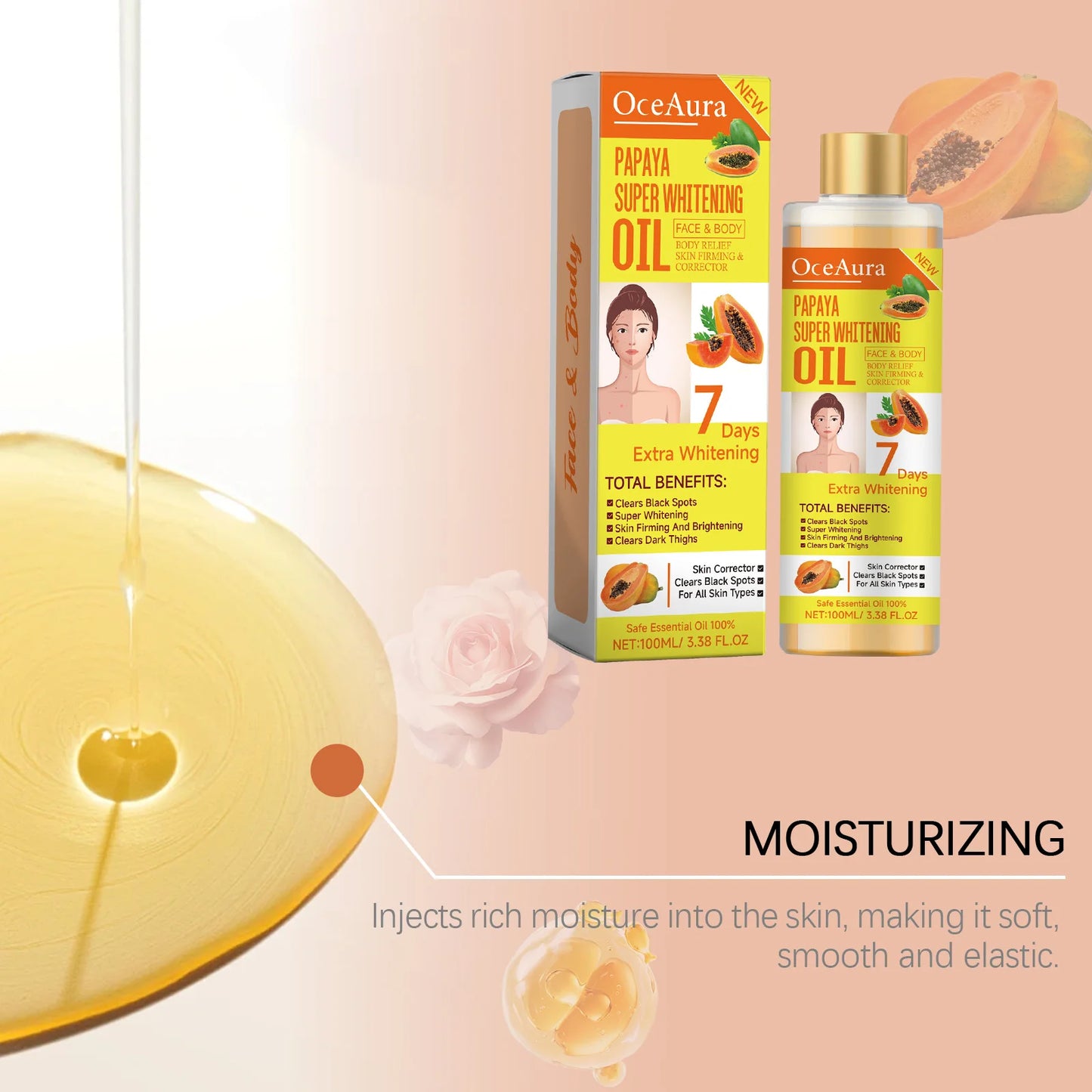 OCEAURA Papaya Super Whitening Oil Face & Body Moisturizer Nourishing Whitening Body Oil Body MassageSkin Papaya Oil 3.38 oz
