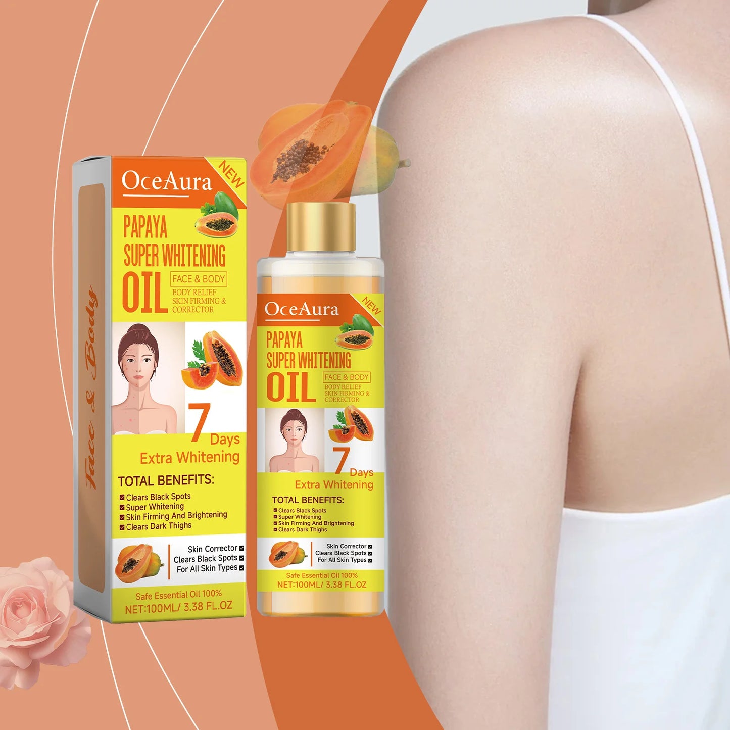 OCEAURA Papaya Super Whitening Oil Face & Body Moisturizer Nourishing Whitening Body Oil Body MassageSkin Papaya Oil 3.38 oz