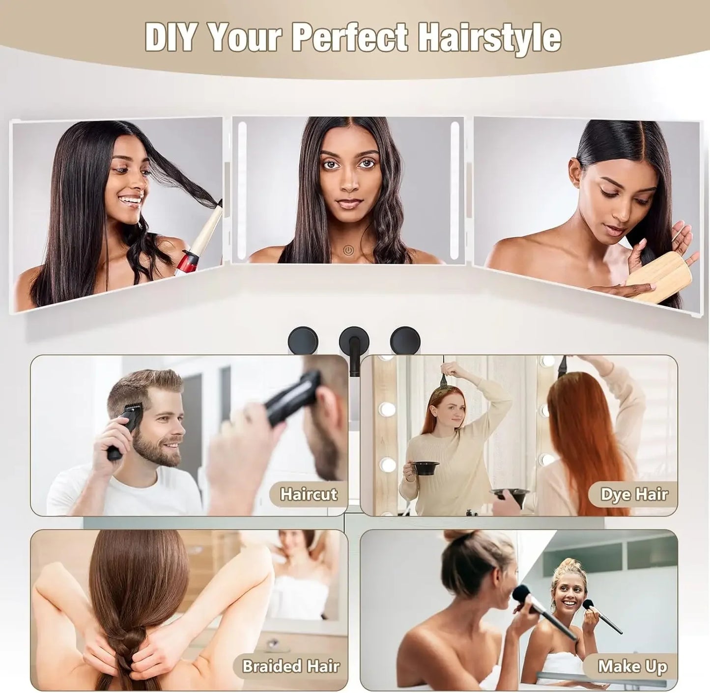 LED Lights 3 Way Mirror for Self Hair Cutting Rechargeable 360° Mirror with Self Haircut Mirror with Height Adjustable Hooks