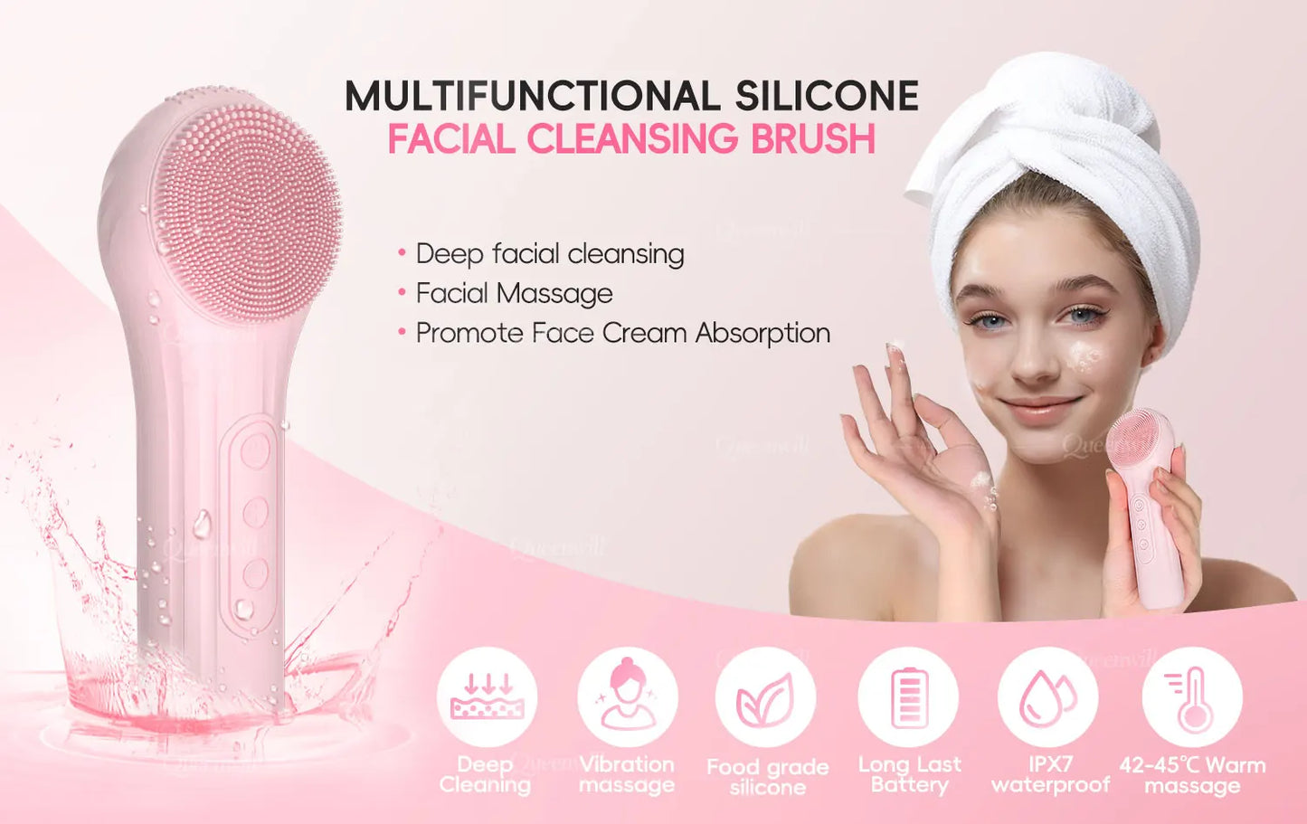 Silicone Electric Facial Cleansing Brush–6 Speeds,Heat application Waterproof&Deep Pore Cleanse Skin Cleansing Device Portable