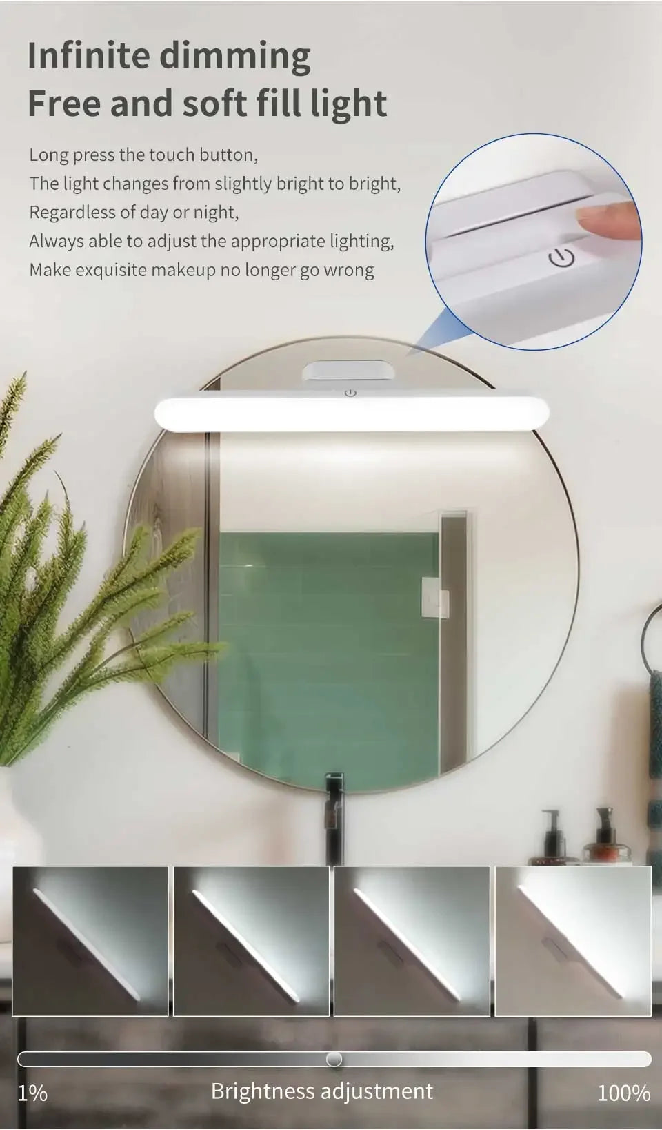 LED Mirror Front Makeup Light Eye Protection Reading Lamp Magnetic Touch Night Light for Dormitory Wardrobe Closet Lighting