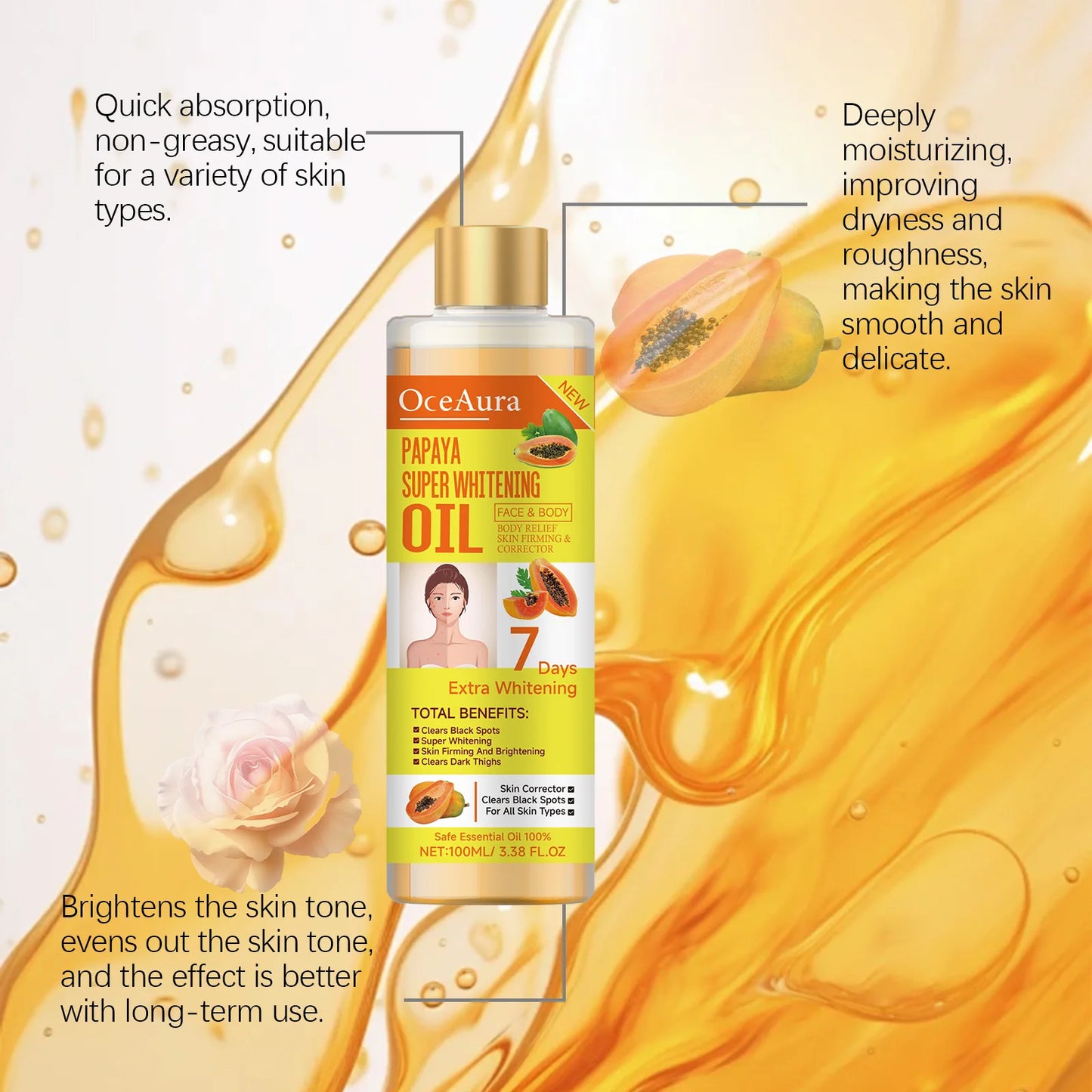 OCEAURA Papaya Super Whitening Oil Face & Body Moisturizer Nourishing Whitening Body Oil Body MassageSkin Papaya Oil 3.38 oz