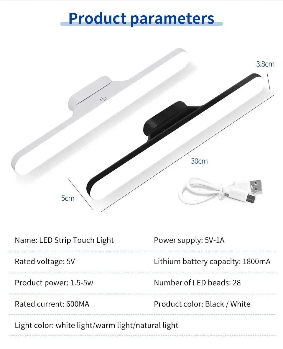LED Mirror Front Makeup Light Eye Protection Reading Lamp Magnetic Touch Night Light for Dormitory Wardrobe Closet Lighting
