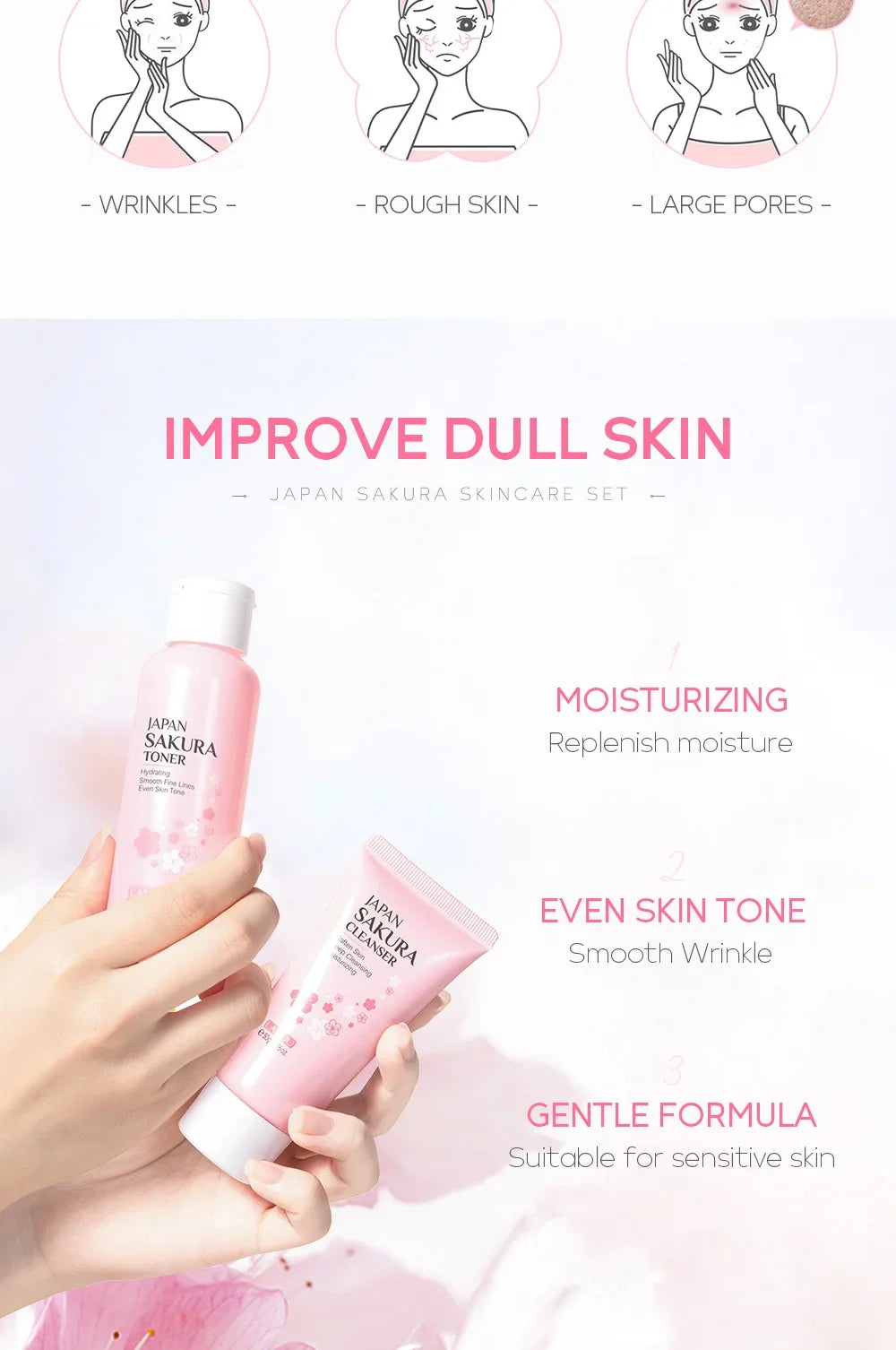 LAIKOU Sakura Kit Skin Care Sets Moisturizing and Reducing Fine Lines Cleansing Pore Product 5-Piece Korean Skincare Set