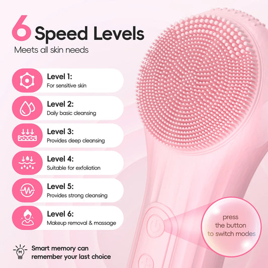 Silicone Electric Facial Cleansing Brush–6 Speeds,Heat application Waterproof&Deep Pore Cleanse Skin Cleansing Device Portable