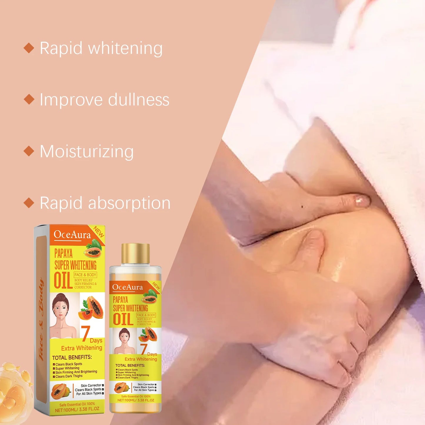 OCEAURA Papaya Super Whitening Oil Face & Body Moisturizer Nourishing Whitening Body Oil Body MassageSkin Papaya Oil 3.38 oz