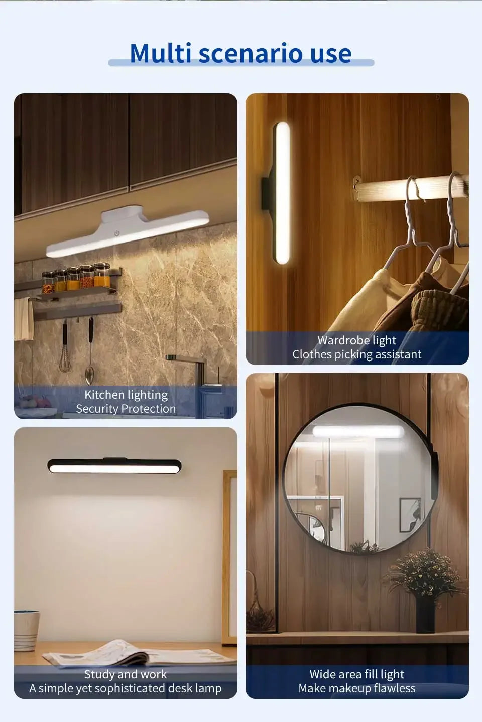LED Mirror Front Makeup Light Eye Protection Reading Lamp Magnetic Touch Night Light for Dormitory Wardrobe Closet Lighting