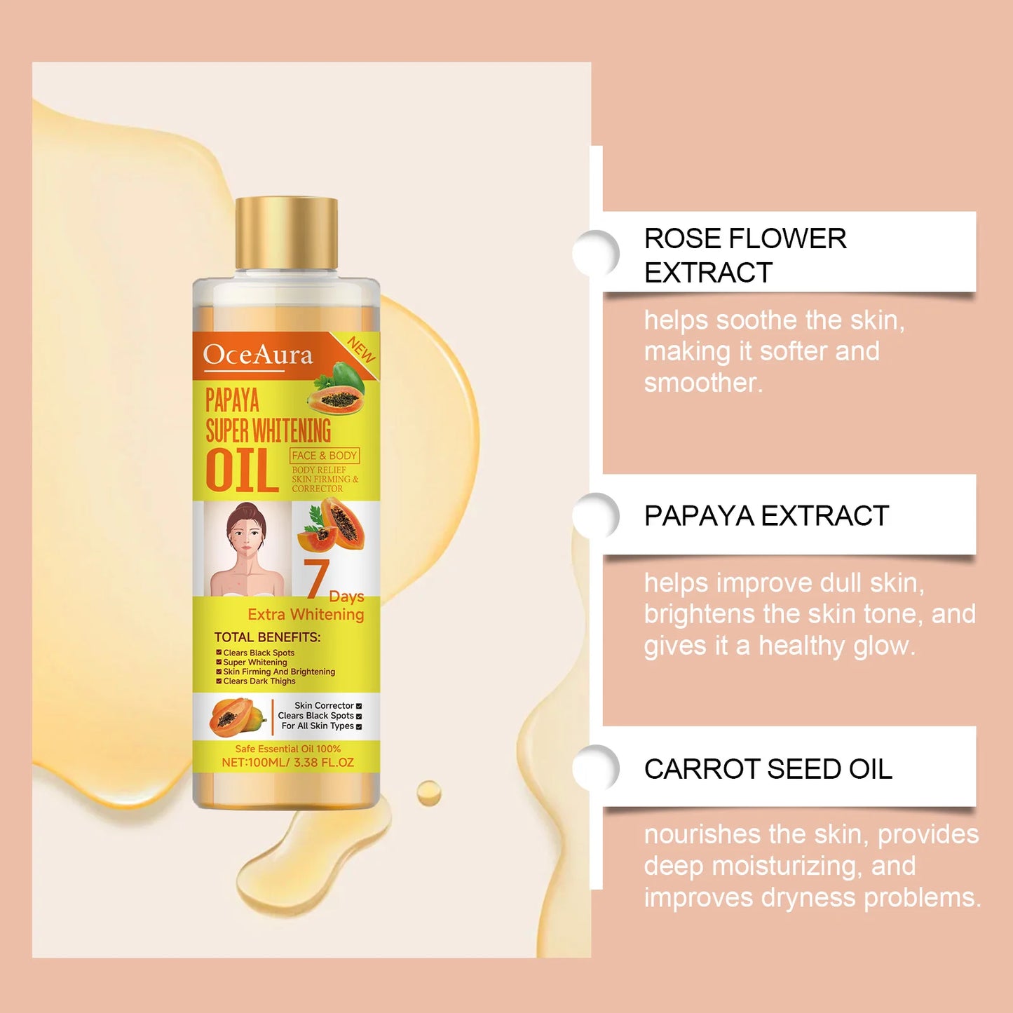 OCEAURA Papaya Super Whitening Oil Face & Body Moisturizer Nourishing Whitening Body Oil Body MassageSkin Papaya Oil 3.38 oz